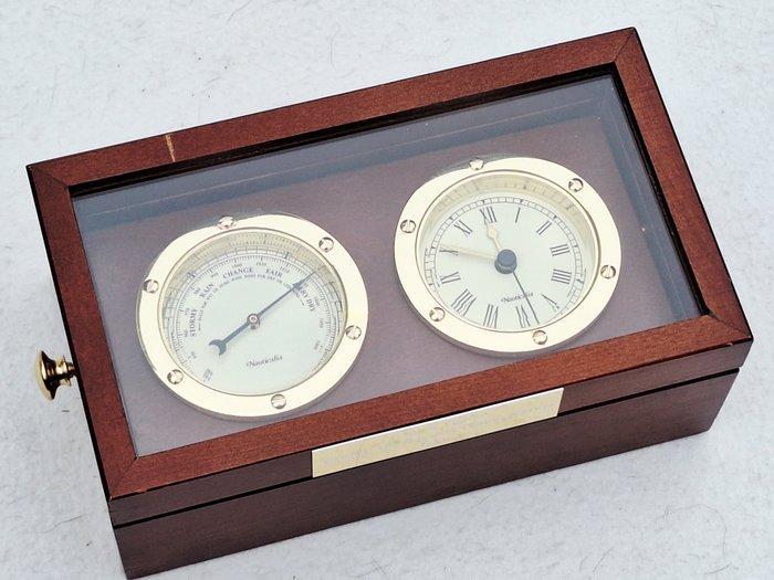 Weerstation - Hout, Messing - met klok, Antiek en Kunst, Curiosa en Brocante