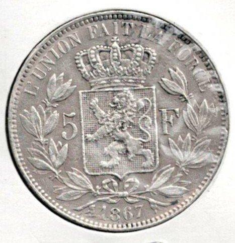 België. Leopold II. 5 Francs jaar 1867 Leopold 2 morin nr, Postzegels en Munten, Munten | Nederland