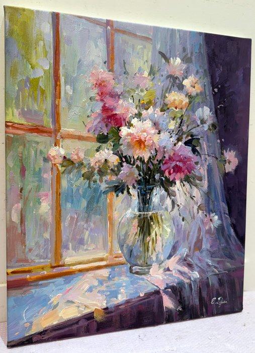 Ekaterina Dzuba (1982) - Fleurs dans un Vase Transparent, Antiek en Kunst, Kunst | Schilderijen | Klassiek
