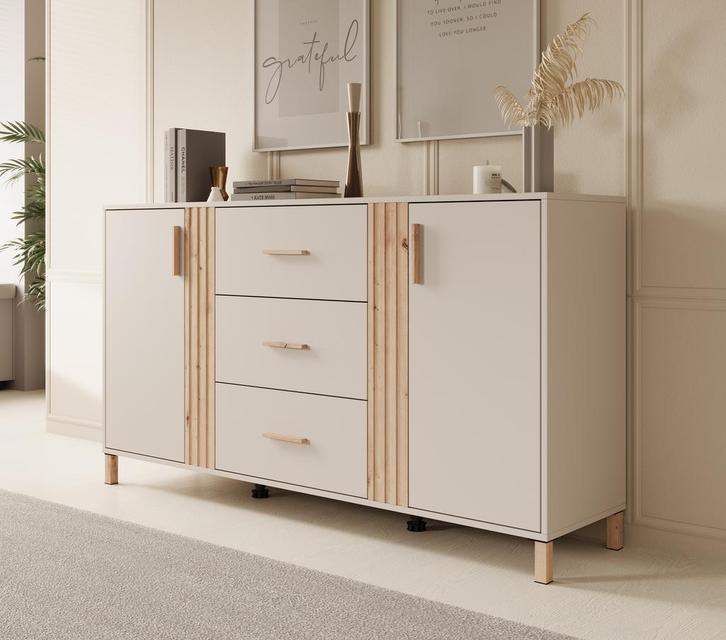 Meubella | Dressoir beige eiken 163cm | 2 deuren 3 lades, Huis en Inrichting, Kasten | Dressoirs, 25 tot 50 cm, Nieuw, 150 tot 200 cm