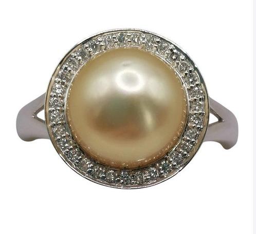 Ring - 14 karaat Witgoud Parel - Diamant, Handtassen en Accessoires, Ringen