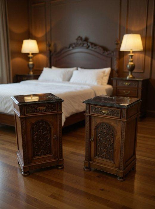 Nachtkastje (2) - Walnoot, Marmer, Messing, Antiek en Kunst, Kunst | Designobjecten