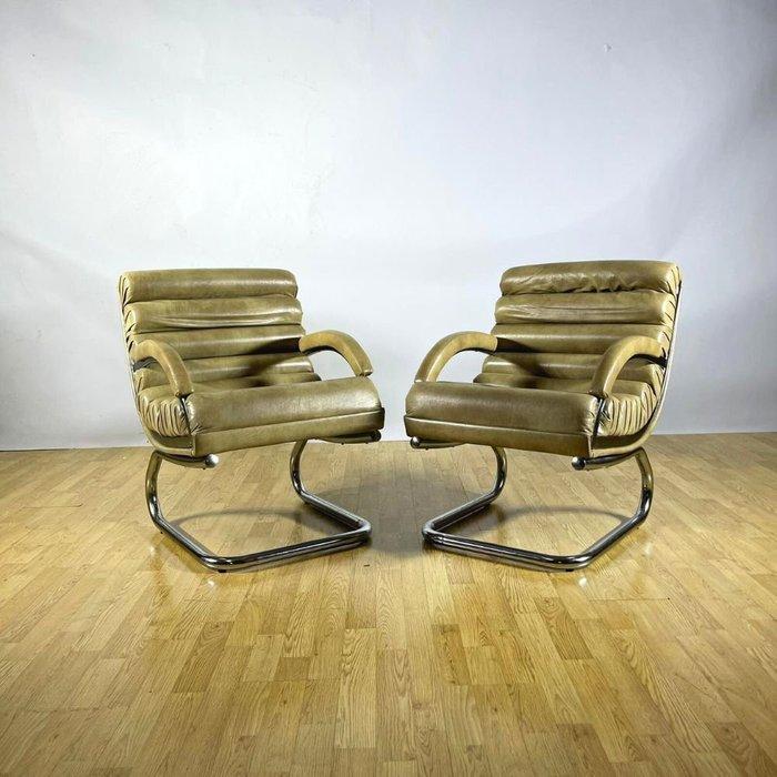 Fauteuil - Cuir, Acier, Chrome - Paire de fauteuils lounge à, Antiek en Kunst, Kunst | Designobjecten