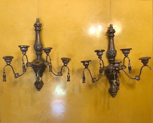 Wandkandelaar (2) - Hout, IJzer - wandkandelaren, Antiek en Kunst, Antiek | Overige Antiek