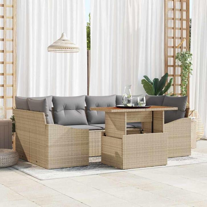 vidaXL Tuinbank Set met opslag 7 pcs Beige Poly rattan, Tuin en Terras, Tuinsets en Loungesets, Nieuw, Verzenden
