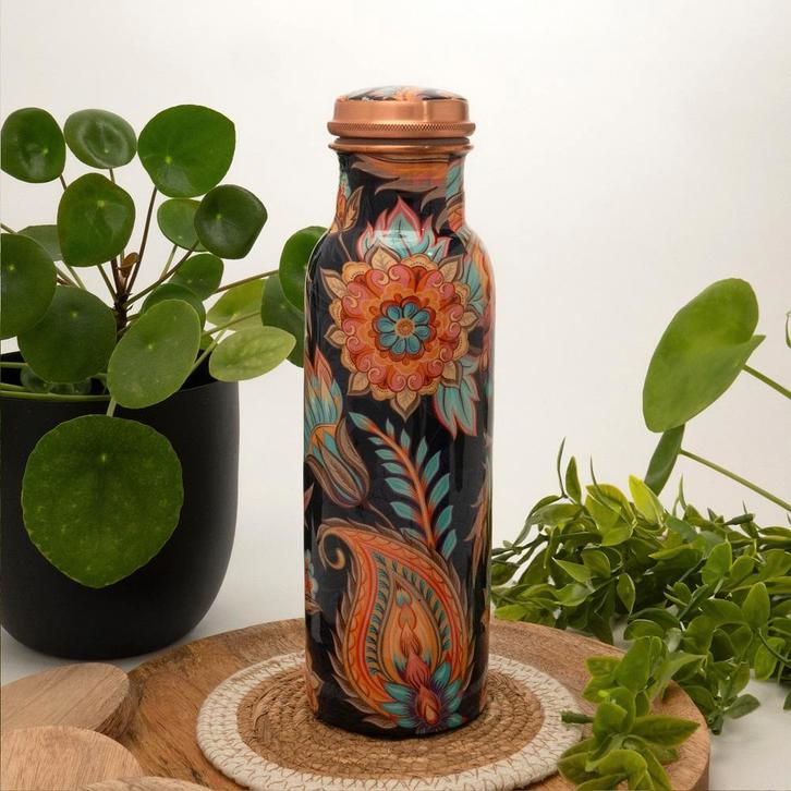 Puur koperen waterfles met bloemenprint ± 750 ml (zware, Sport en Fitness, Gezondheidsproducten en Wellness, Ophalen of Verzenden