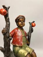 Statue, BOY ON APPLE TREE - XL 44 CM - CHIQUE ZWAAR BRONZEN