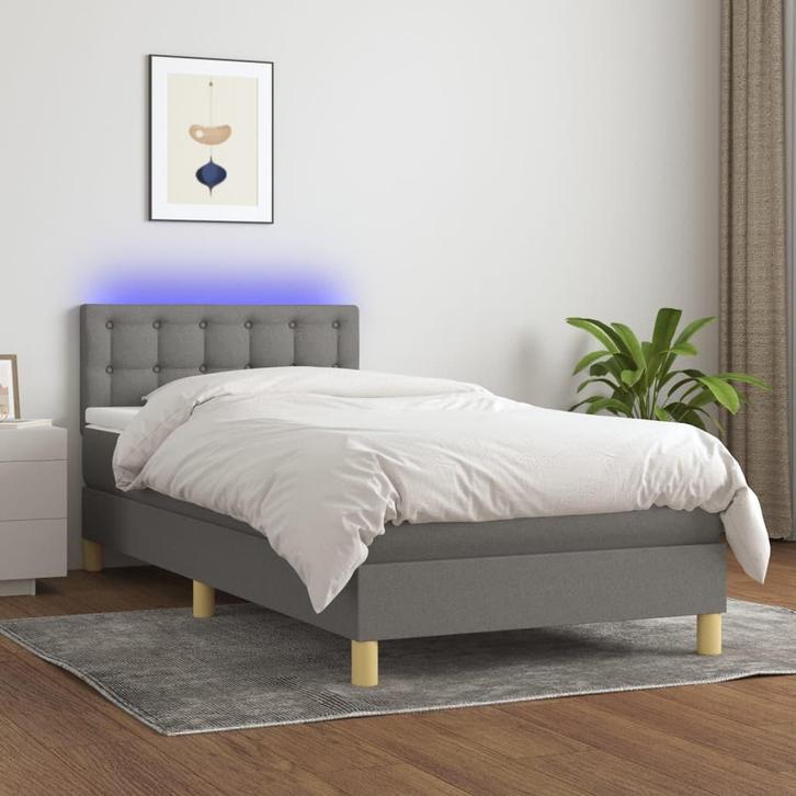 vidaXL Boxspring met matras en LED stof donkergrijs 90x200, Huis en Inrichting, Slaapkamer | Bedden, Nieuw, Verzenden