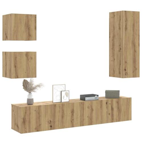 vidaXL 5-delig Tv-meubelset wandmontage bewerkt hout, Huis en Inrichting, Kasten |Televisiemeubels, Nieuw, Verzenden