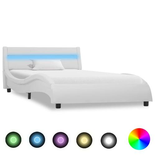 vidaXL Cadre de lit avec LED Blanc Similicuir 90x200 cm, Huis en Inrichting, Slaapkamer | Bedden, Verzenden