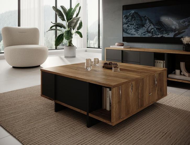 Meubella Salontafel vierkant eiken zwart 100 cm | 2 lades, Huis en Inrichting, Tafels | Salontafels, Nieuw, 100 tot 150 cm, Minder dan 50 cm