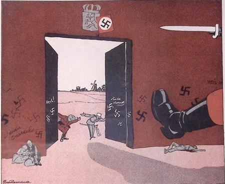 Twee Nederlanders laten de Duitsers binnen op spotprent, Antiek en Kunst, Kunst | Litho's en Zeefdrukken, Verzenden