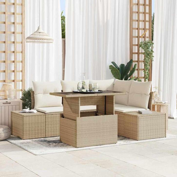 vidaXL Tuinbank Set met kussen 5 pcs Beige en Crème poly, Tuin en Terras, Tuinsets en Loungesets, Nieuw, Verzenden