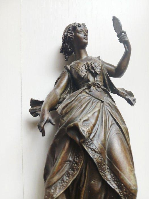 Beeld, Vrouw figuur met spiegel op sokkel - 31 cm - Brons,, Antiek en Kunst, Curiosa en Brocante