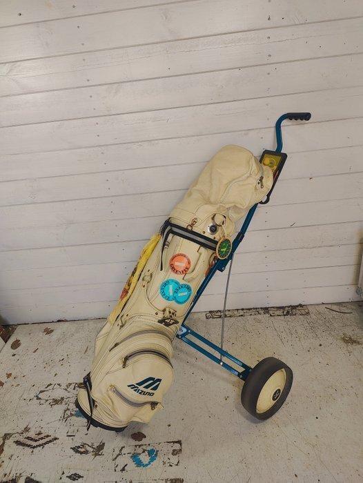 Vintage Mizuno leren cartbag met diverse clubs en trolley, Verzamelen, Overige Verzamelen