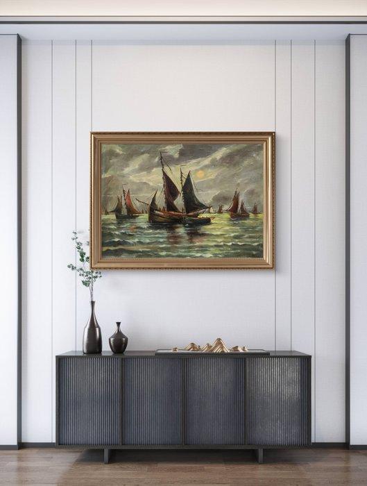 École européenne (XX) - Bateaux de pêche sous la lune, Antiek en Kunst, Kunst | Schilderijen | Klassiek