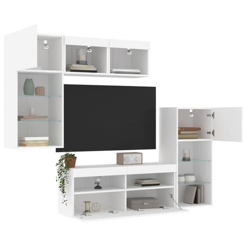 vidaXL Unités murales TV avec LED 5 pcs blanc bois, Maison & Meubles, Armoires | Mobilier de télévision, Neuf, Envoi