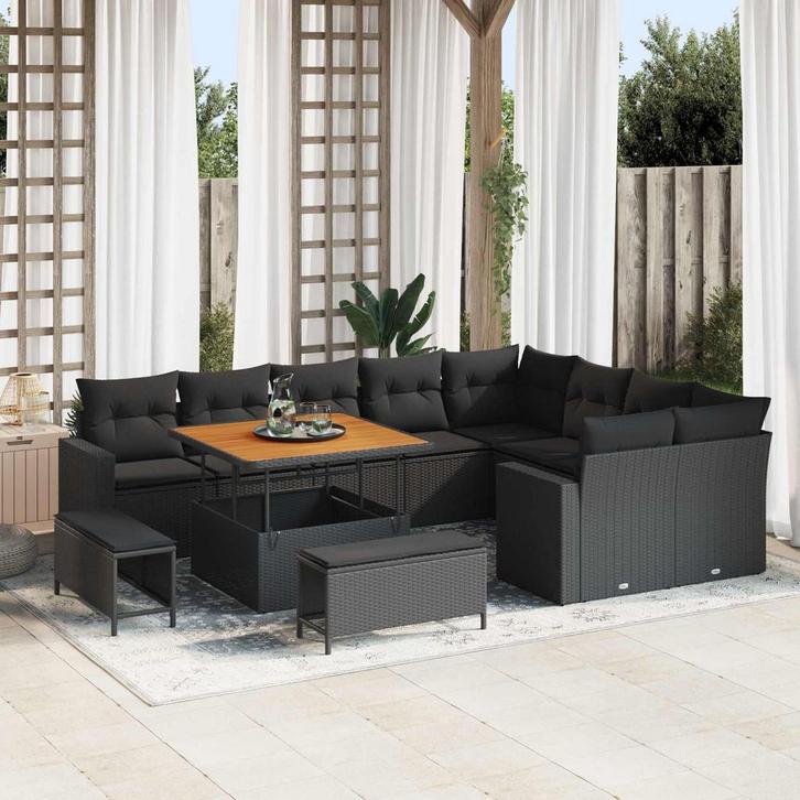 vidaXL Tuinbank Set 12 pcs Zwart poly rattan, Tuin en Terras, Tuinsets en Loungesets, Nieuw, Verzenden