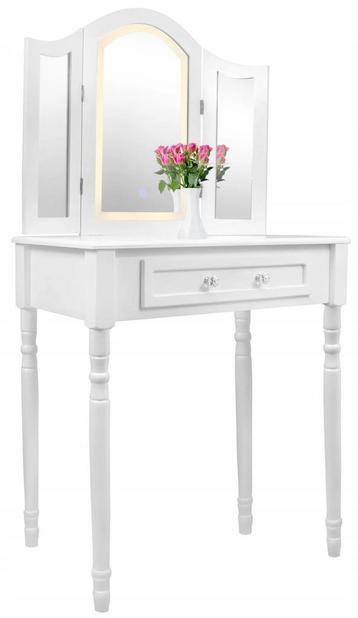 Kaptafel met Opbergruimte en Kruk - LED Spiegel - Wit - 7..., Huis en Inrichting, Modern vintage, 100 tot 150 cm, Nieuw, Ophalen of Verzenden