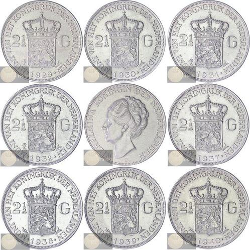 Nederland. Wilhelmina. 2 1/2 Gulden 1929 t/m 1940 compleet, Postzegels en Munten, Munten | Nederland