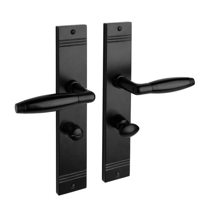 Geveerde deurklink Retro mat zwart op schild met WC-slot..., Bricolage & Construction, Serrurerie de bâtiment & Dispositif de fermeture