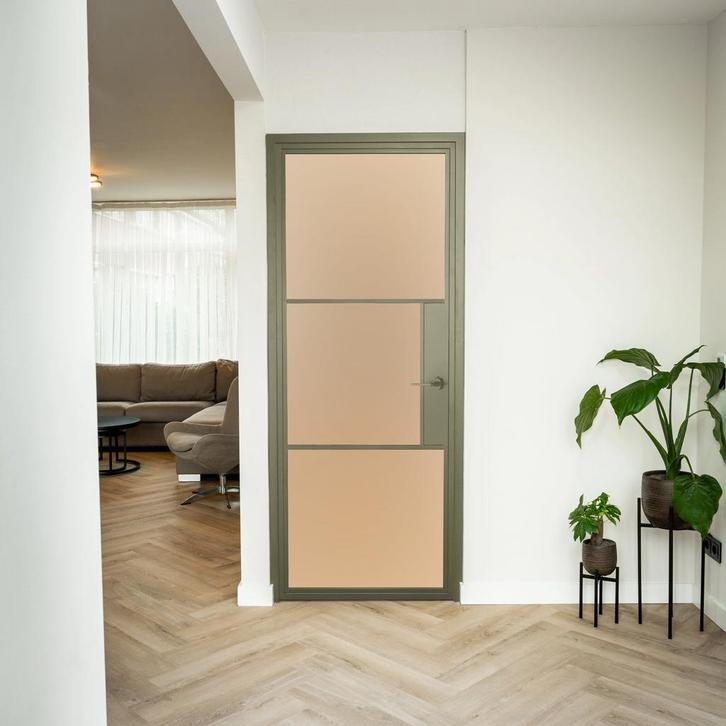 Stalen Binnendeur 3 Vlaks Olijfgroen Mat glas Met slot, Doe-het-zelf en Bouw, Deuren en Vliegenramen, Nieuw, Metaal, Binnendeur