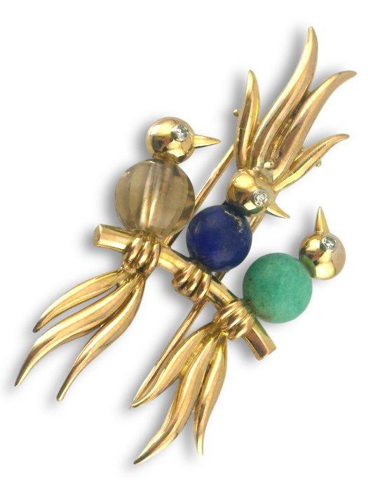 Broche - 14 karaat Geel goud, Drietal Vogels Diamond-Oog, Handtassen en Accessoires, Antieke sieraden