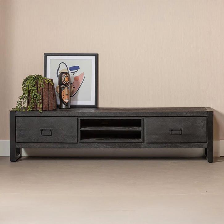 Tv-meubel Mangohout Kelvin 200 Zwart, Huis en Inrichting, Kasten |Televisiemeubels, 25 tot 50 cm, Nieuw, Overige houtsoorten, Minder dan 100 cm