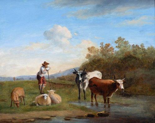 Hollandse School (XIX) - Boer en Koeien aan het Water, Antiek en Kunst, Kunst | Schilderijen | Klassiek