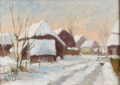 Lamber van der Velden (1936-2011) - Boerderij in winter, Antiquités & Art, Art | Peinture | Classique