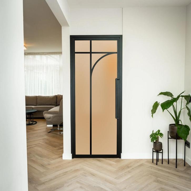 Stalen Binnendeur - Zwart - 5 Vlaks rond - Mat glas, Doe-het-zelf en Bouw, Deuren en Vliegenramen, Nieuw, Metaal, Binnendeur, 200 tot 215 cm