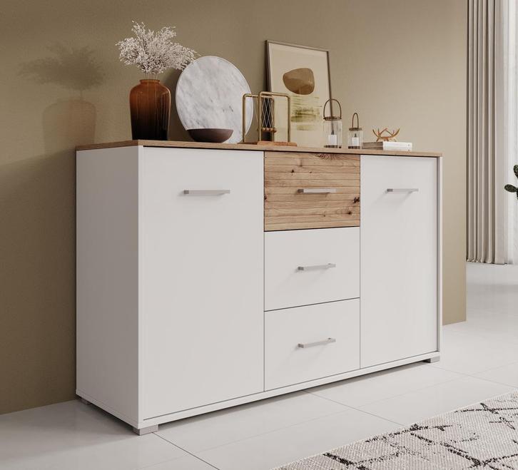 Meubella Dressoir Modern wit eiken 138 cm | 2 deuren 3 lades, Huis en Inrichting, Kasten | Dressoirs, 25 tot 50 cm, Nieuw, 100 tot 150 cm