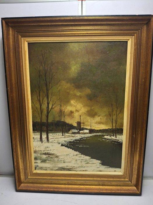 Piet Mees (XX) - Winterlandschap met molen, Antiek en Kunst, Kunst | Schilderijen | Klassiek