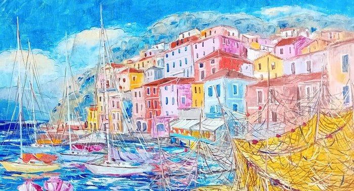 Angelo Favaro (1949) - Varenna marina reti e fiori, Antiek en Kunst, Kunst | Schilderijen | Modern