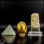 Exclusief pyriet-set – Ei/Chalkopyrit, piramide en obelisk