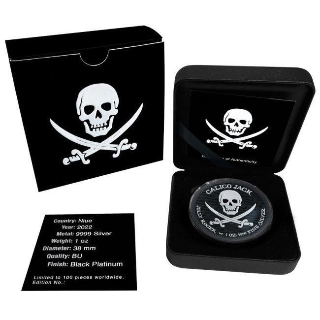 Niue. 2 Dollars 2022 1oz Niue Calico Jack Jolly Roger Series, Postzegels en Munten, Edelmetalen en Baren