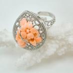 Koraal - Zilver - Ring - Corallo Rosato Inciso, Antiek en Kunst
