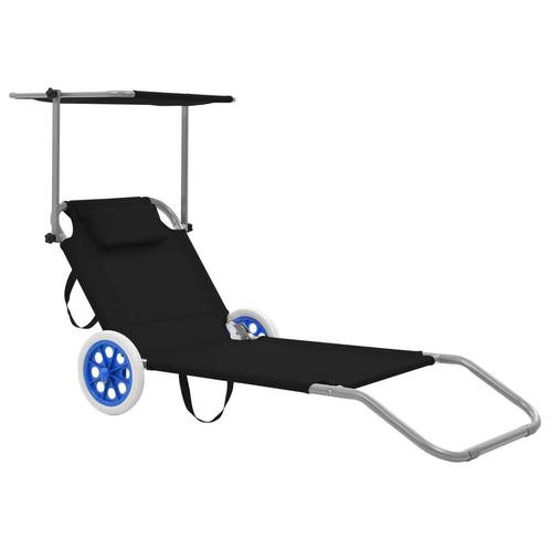 vidaXL Ligbed met luifel en wieltjes inklapbaar staal zwart, Tuin en Terras, Ligbedden, Nieuw, Verzenden