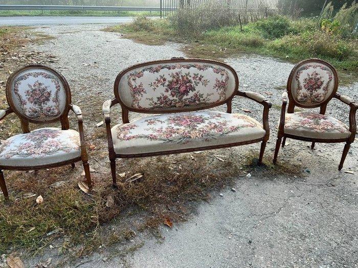 Sofa (3) - Hout, Textiel - bank met twee fauteuils, Antiek en Kunst, Antiek | Overige Antiek