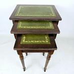 Elegant set of wooden nest tables with green leather top