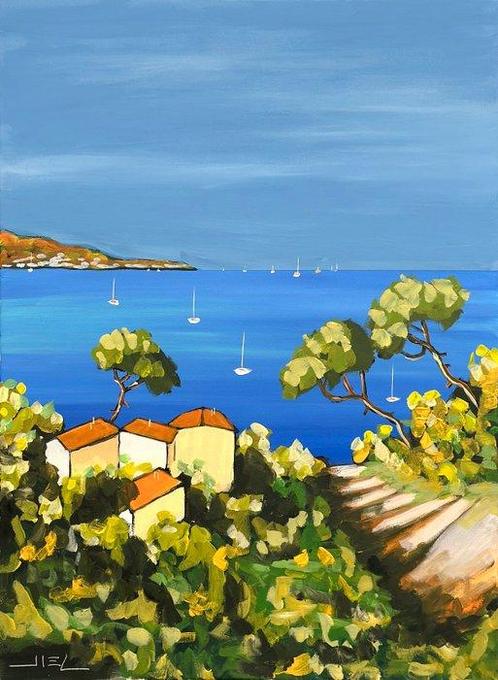 Jiel - Lumières d’azur sur un petit sentier côtier - L, Antiek en Kunst, Kunst | Schilderijen | Modern