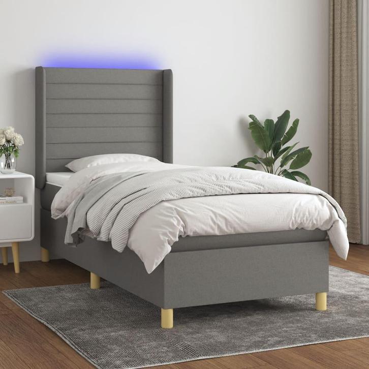 vidaXL Boxspring met matras en LED stof donkergrijs 90x200, Huis en Inrichting, Slaapkamer | Bedden, Nieuw, Verzenden