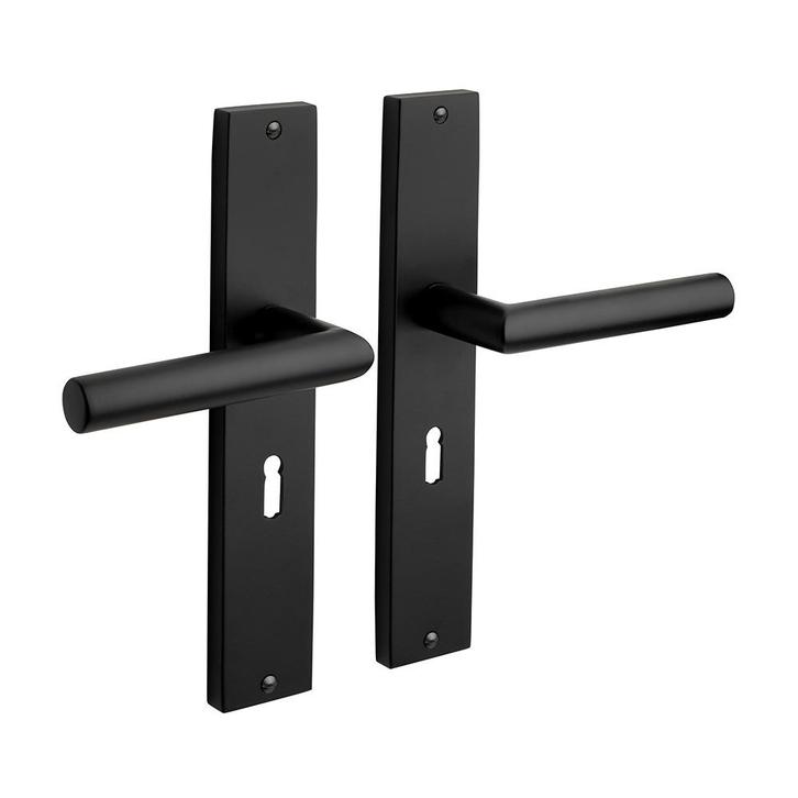 Geveerde deurklink Ferro mat zwart op schild met sleutelg..., Bricolage & Construction, Serrurerie de bâtiment & Dispositif de fermeture