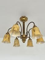 Lamp - Massief koperen met marmer look glazen kappen - Glas,, Antiquités & Art, Curiosités & Brocante