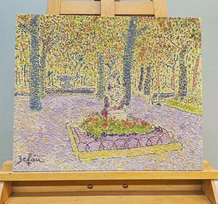 Rafael Befan (XX) - Pointillist garden, Antiek en Kunst, Kunst | Schilderijen | Klassiek