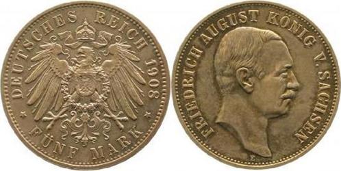 Duitsland 5 Mark Friedrich August Sachsen 1908 E schoene..., Timbres & Monnaies, Monnaies | Europe | Monnaies non-euro, Envoi