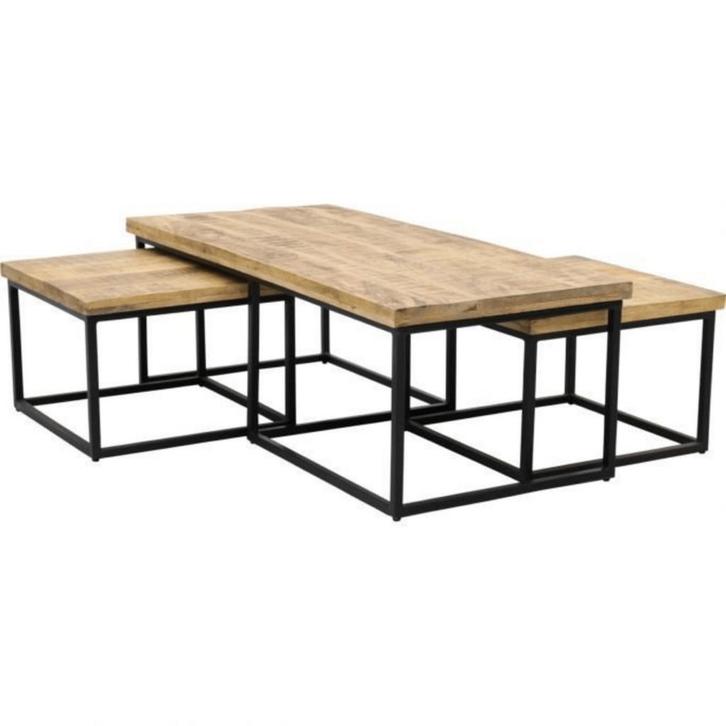Salontafel Mangohout Set Yves Met 3 Tafeltjes, Huis en Inrichting, Tafels | Salontafels, Nieuw, Verzenden