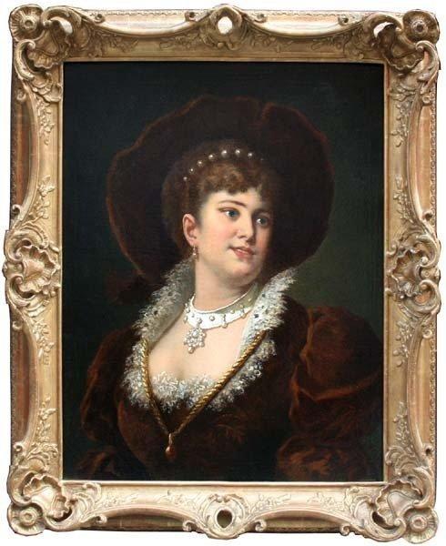 Anton Ebert (1845-1896) - Portrait of a lady in Renaissance, Antiek en Kunst, Kunst | Schilderijen | Klassiek