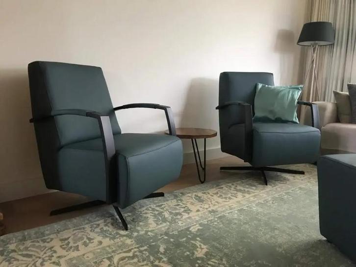 Set van 2 leren draaifauteuils met stervoet - blauw leer, Huis en Inrichting, Fauteuils, Nieuw, Ophalen of Verzenden