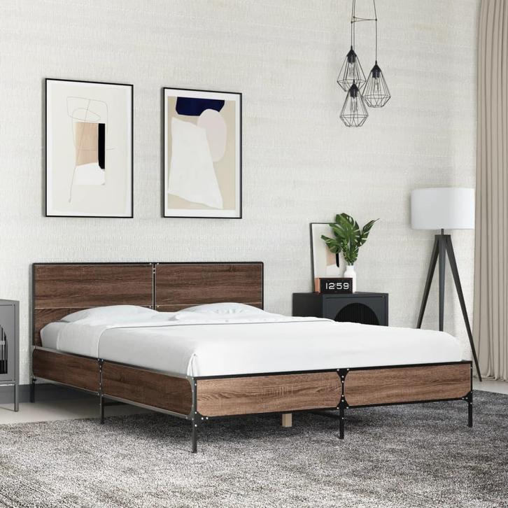 vidaXL Bedframe bewerkt hout metaal bruin eikenkleur 140x200, Huis en Inrichting, Slaapkamer | Bedden, Nieuw, Verzenden